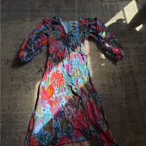 FARM Rio Multicolor Floral Wrap Midi Dress with Puff Sleeves